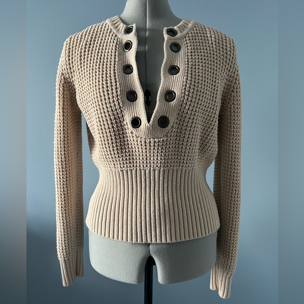 525 America Beige Knit Sweater Merino Wool Cotton Button Neck Size S